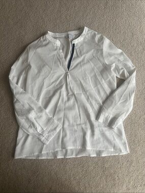 Sheer White Long-Sleeve Henley Shirt/ Blouse